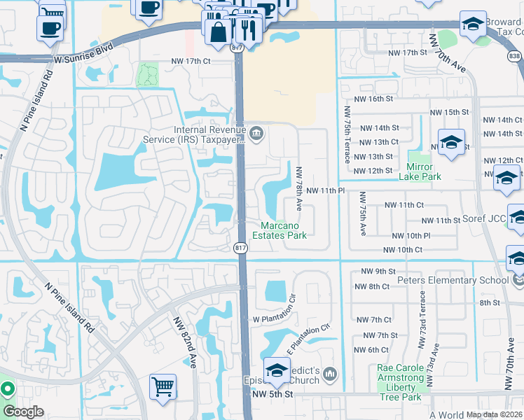 map of restaurants, bars, coffee shops, grocery stores, and more near 1133 Northwest 79th Drive in Plantation