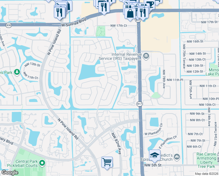 map of restaurants, bars, coffee shops, grocery stores, and more near 1142 Northwest 85th Avenue in Plantation