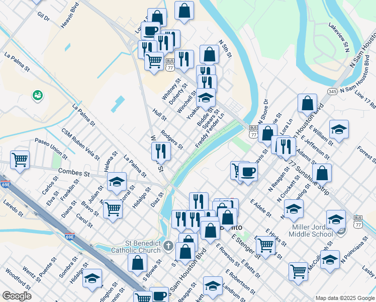 map of restaurants, bars, coffee shops, grocery stores, and more near 407 Freddy Fender Lane in San Benito