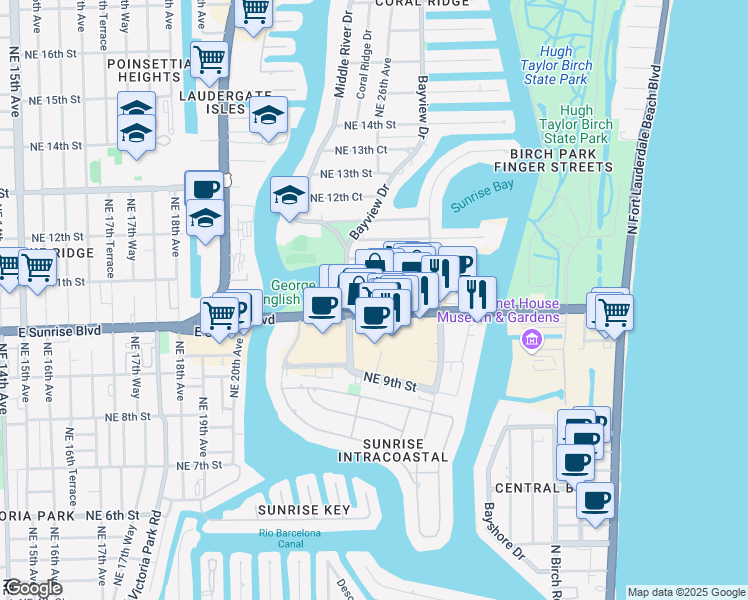 map of restaurants, bars, coffee shops, grocery stores, and more near Unnamed Road in Fort Lauderdale