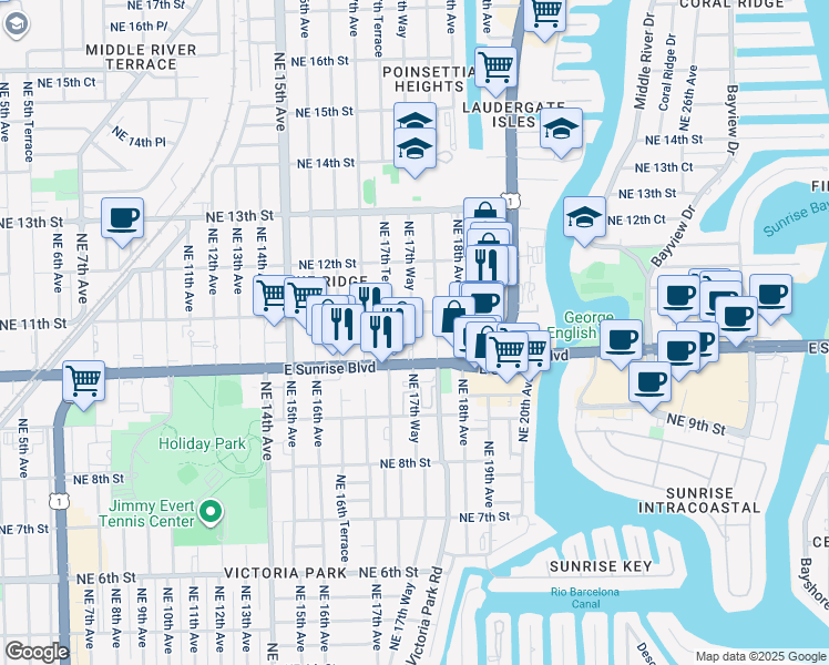 map of restaurants, bars, coffee shops, grocery stores, and more near 406 Northeast 11th Street in Fort Lauderdale