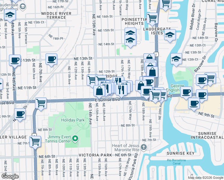 map of restaurants, bars, coffee shops, grocery stores, and more near 1616 Northeast 11th Street in Fort Lauderdale