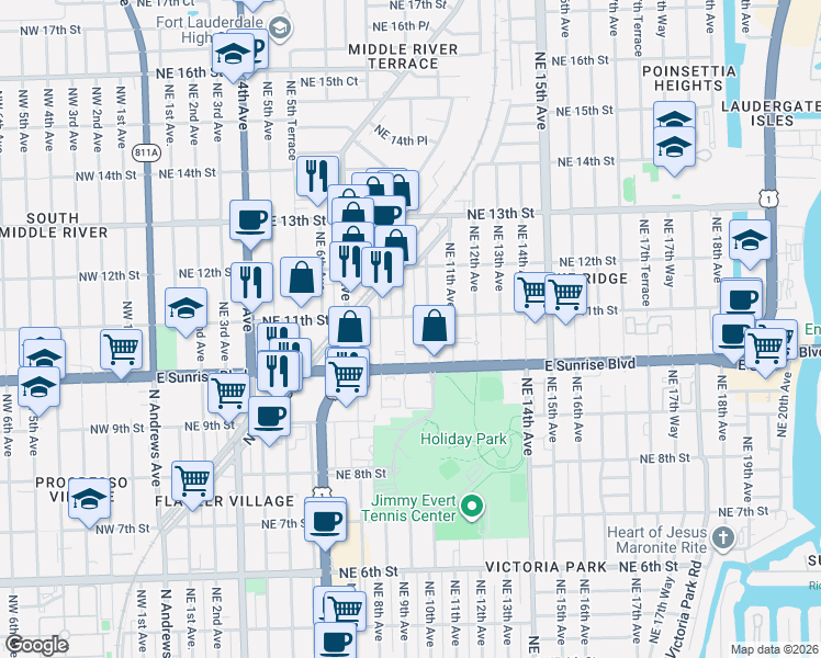 map of restaurants, bars, coffee shops, grocery stores, and more near 1101 Northeast 9th Avenue in Fort Lauderdale