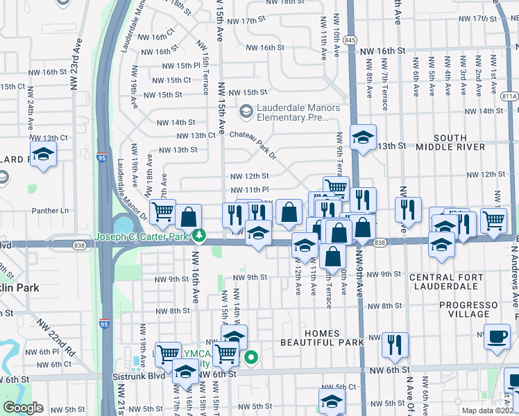 map of restaurants, bars, coffee shops, grocery stores, and more near 1307 Northwest 11th Court in Fort Lauderdale