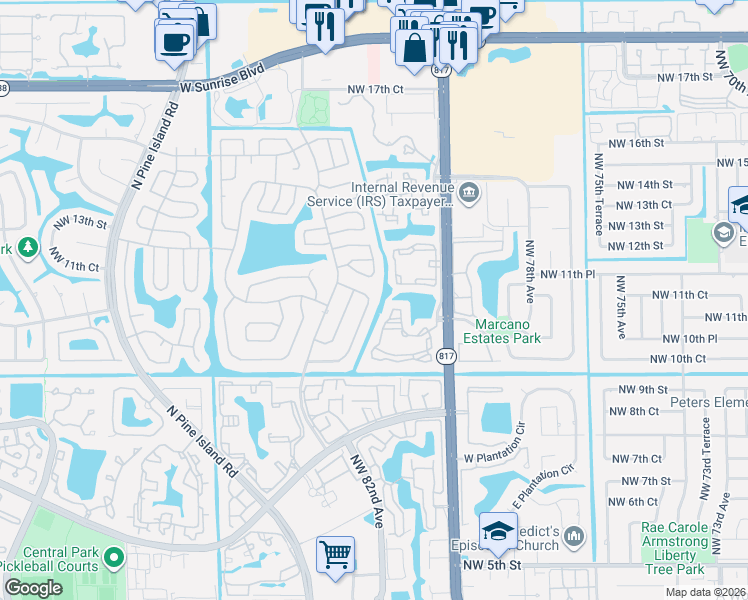 map of restaurants, bars, coffee shops, grocery stores, and more near 8435 Northwest 12th Street in Plantation