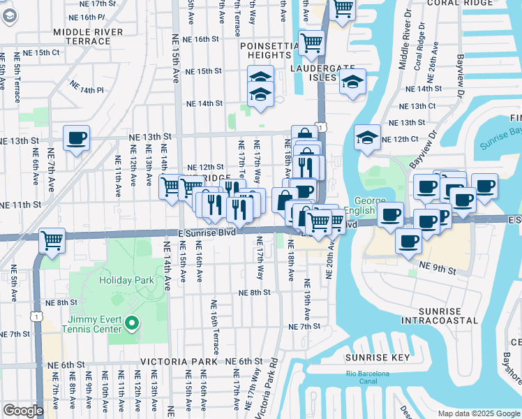 map of restaurants, bars, coffee shops, grocery stores, and more near 406 Northeast 11th Street in Fort Lauderdale