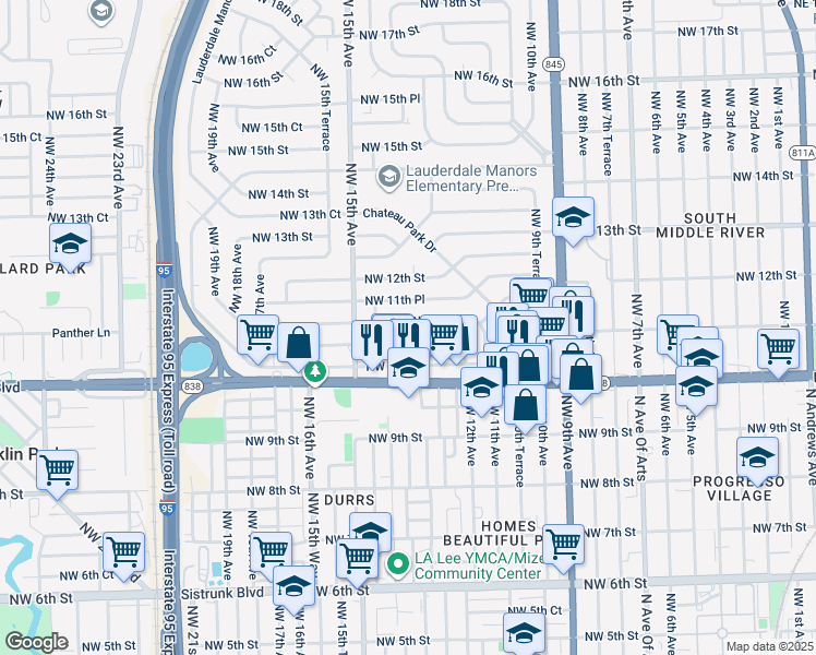 map of restaurants, bars, coffee shops, grocery stores, and more near 1307 Northwest 11th Court in Fort Lauderdale
