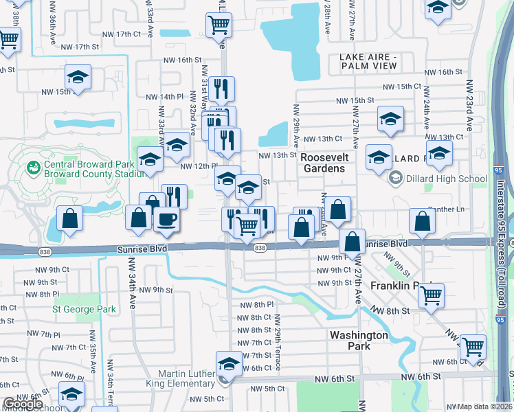 map of restaurants, bars, coffee shops, grocery stores, and more near 1156 Northwest 30th Terrace in Fort Lauderdale