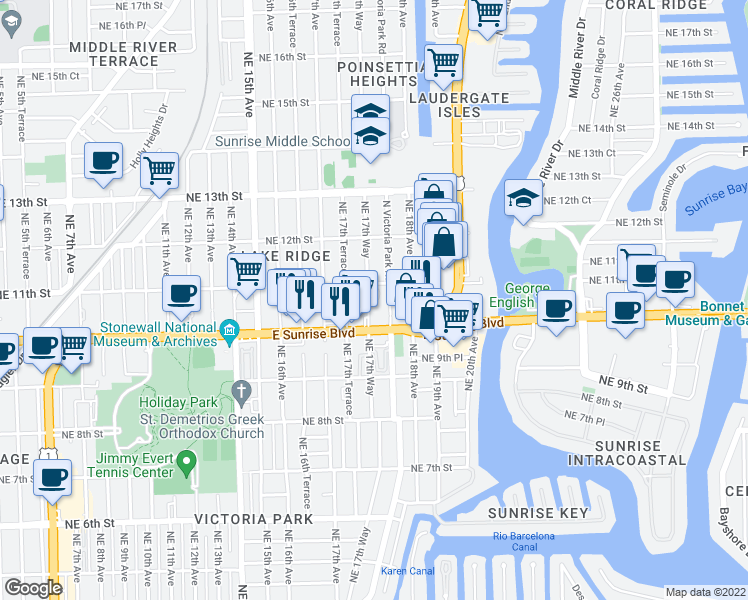 map of restaurants, bars, coffee shops, grocery stores, and more near 406 Northeast 11th Street in Fort Lauderdale