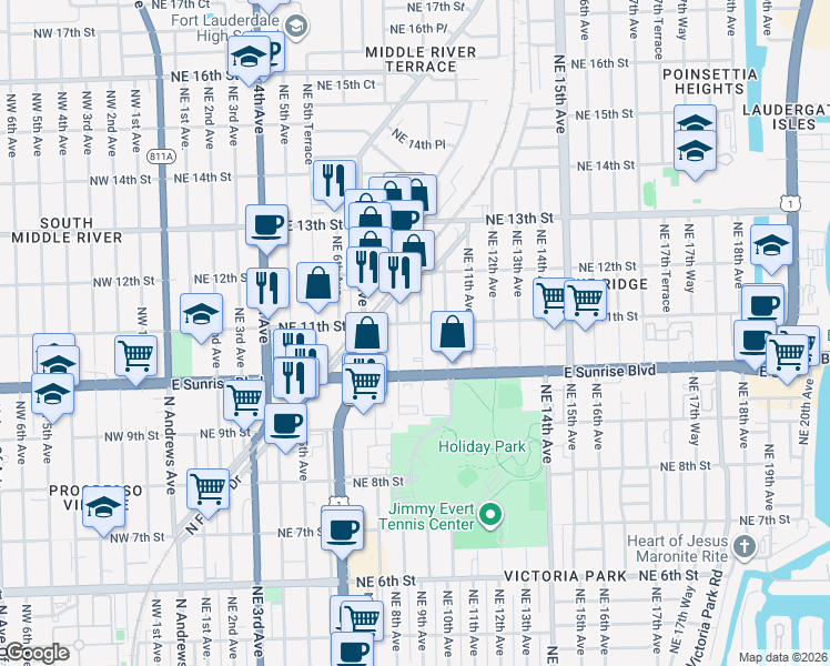 map of restaurants, bars, coffee shops, grocery stores, and more near 1101 Northeast 9th Avenue in Fort Lauderdale