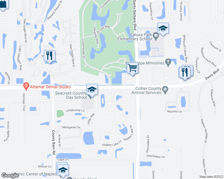 map of restaurants, bars, coffee shops, grocery stores, and more near 2105 Cascades Drive in Naples