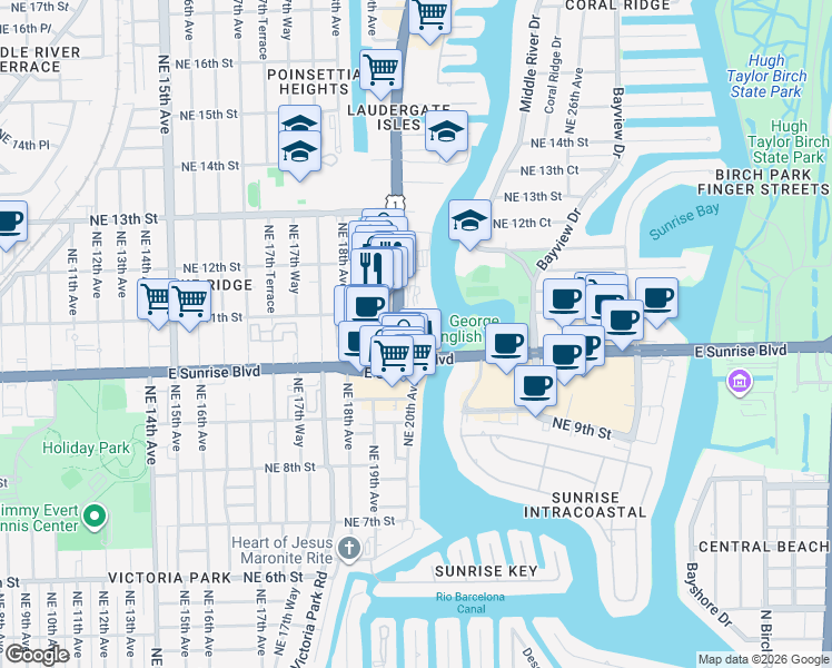 map of restaurants, bars, coffee shops, grocery stores, and more near 1180 U.S. 1 in Fort Lauderdale