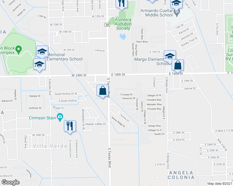 map of restaurants, bars, coffee shops, grocery stores, and more near 613 Trinidad Street in Weslaco