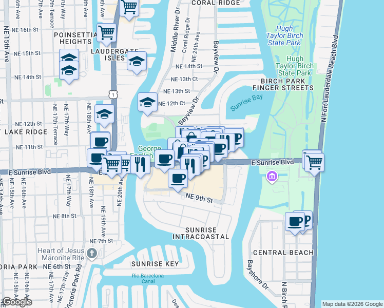 map of restaurants, bars, coffee shops, grocery stores, and more near Unnamed Road in Fort Lauderdale