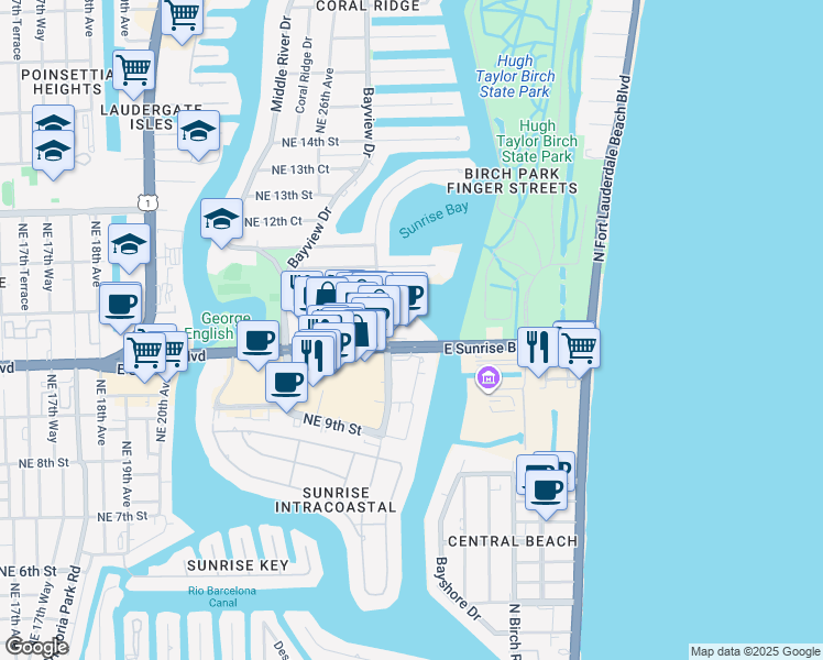 map of restaurants, bars, coffee shops, grocery stores, and more near 1010 Seminole Drive in Fort Lauderdale