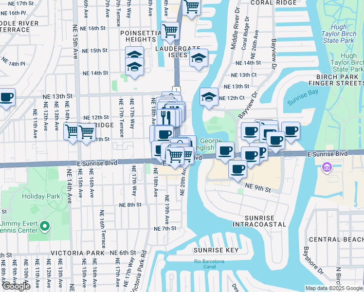 map of restaurants, bars, coffee shops, grocery stores, and more near 1180 U.S. 1 in Fort Lauderdale