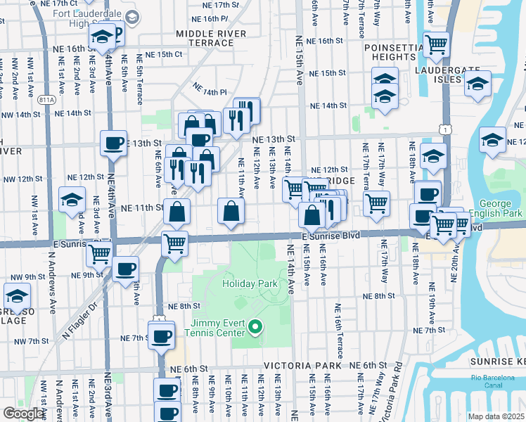 map of restaurants, bars, coffee shops, grocery stores, and more near 1044 Northeast 12th Avenue in Fort Lauderdale