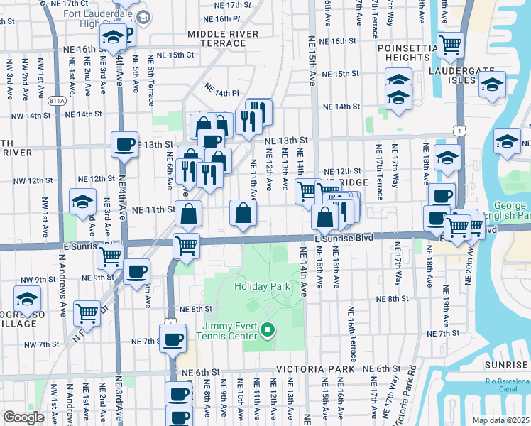 map of restaurants, bars, coffee shops, grocery stores, and more near 1044 Northeast 12th Avenue in Fort Lauderdale