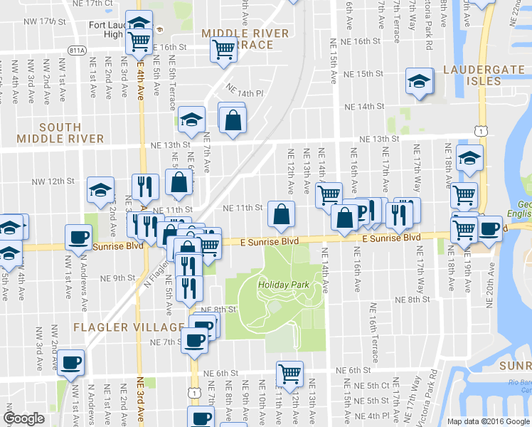 map of restaurants, bars, coffee shops, grocery stores, and more near 1019 Northeast 11th Street in Fort Lauderdale