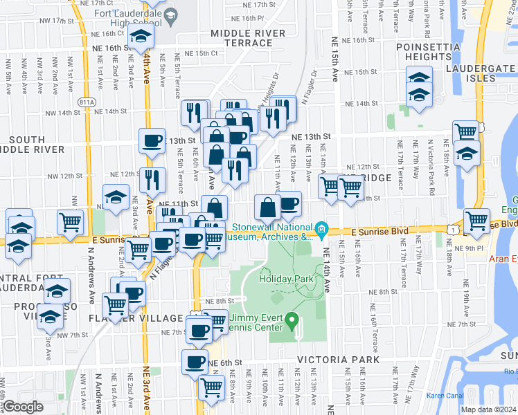 map of restaurants, bars, coffee shops, grocery stores, and more near 1101 Northeast 9th Avenue in Fort Lauderdale
