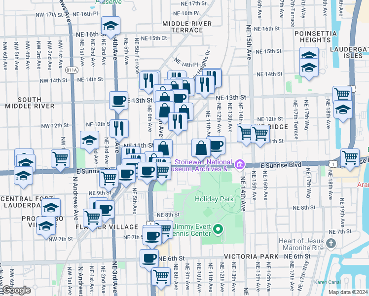 map of restaurants, bars, coffee shops, grocery stores, and more near 1101 Northeast 9th Avenue in Fort Lauderdale