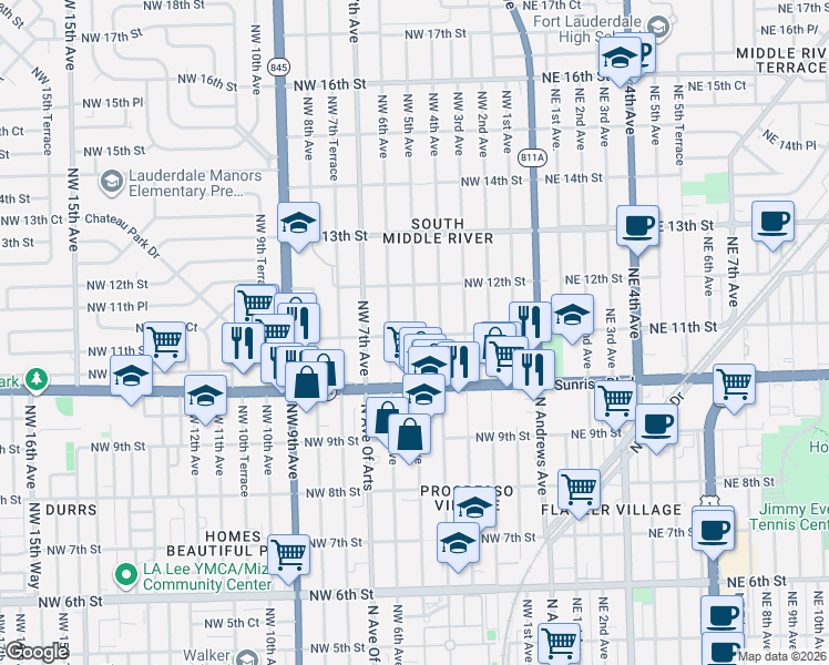 map of restaurants, bars, coffee shops, grocery stores, and more near 1115 Northwest 5th Avenue in Fort Lauderdale