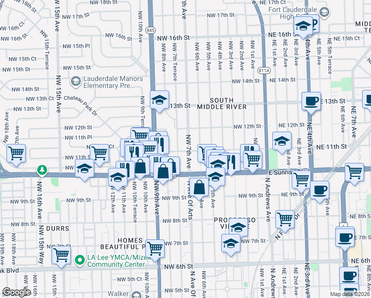 map of restaurants, bars, coffee shops, grocery stores, and more near 1111 Northwest 7th Avenue in Fort Lauderdale