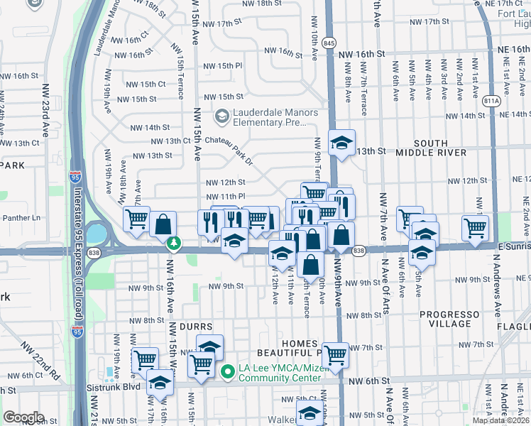 map of restaurants, bars, coffee shops, grocery stores, and more near 1119 Northwest 11th Court in Fort Lauderdale