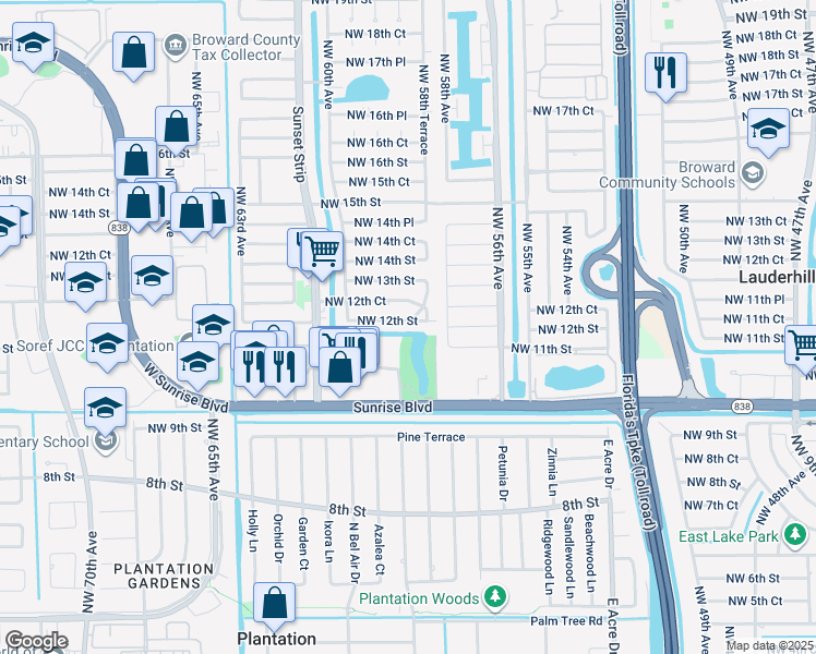 map of restaurants, bars, coffee shops, grocery stores, and more near 5801 Northwest 12th Street in Sunrise