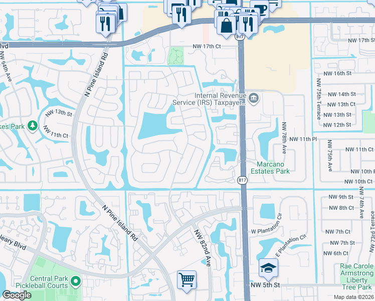 map of restaurants, bars, coffee shops, grocery stores, and more near 1142 Northwest 85th Avenue in Plantation