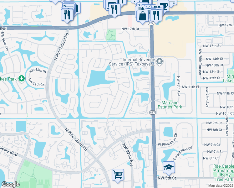 map of restaurants, bars, coffee shops, grocery stores, and more near 1142 Northwest 85th Avenue in Plantation