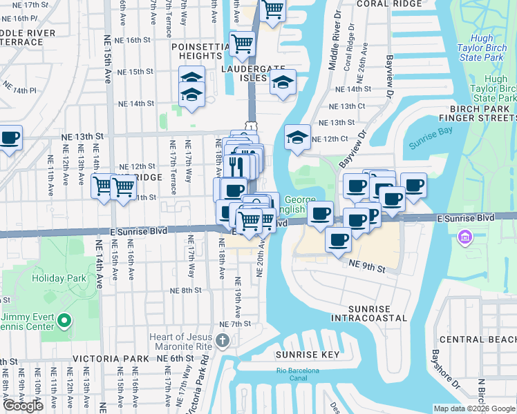 map of restaurants, bars, coffee shops, grocery stores, and more near 1180 U.S. 1 in Fort Lauderdale