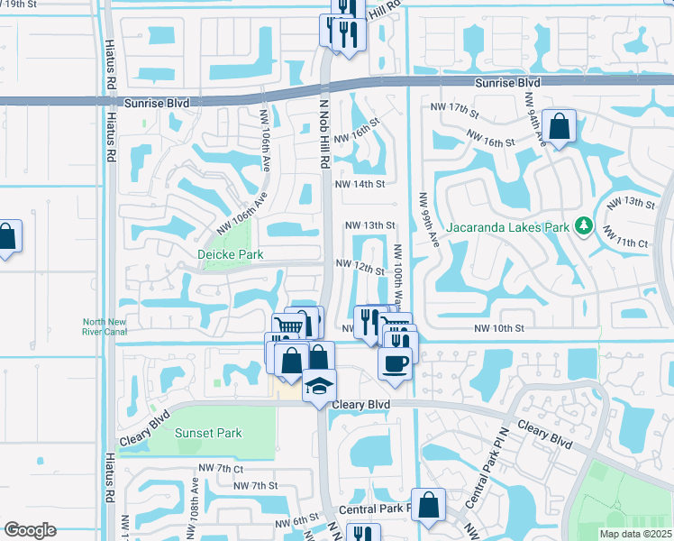 map of restaurants, bars, coffee shops, grocery stores, and more near 1200 Northwest 101st Way in Plantation