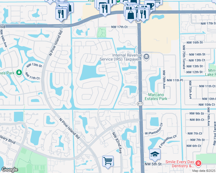 map of restaurants, bars, coffee shops, grocery stores, and more near 1142 Northwest 85th Avenue in Plantation