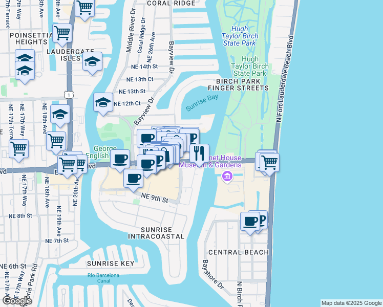 map of restaurants, bars, coffee shops, grocery stores, and more near 1040 Seminole Drive in Fort Lauderdale