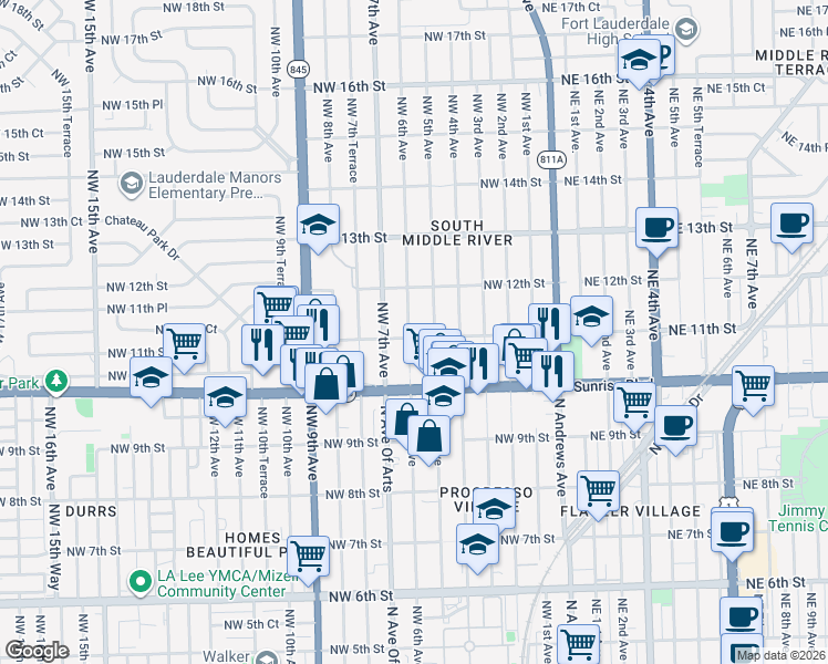 map of restaurants, bars, coffee shops, grocery stores, and more near 1104 Northwest 6th Avenue in Fort Lauderdale
