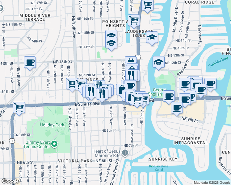 map of restaurants, bars, coffee shops, grocery stores, and more near 406 Northeast 11th Street in Fort Lauderdale