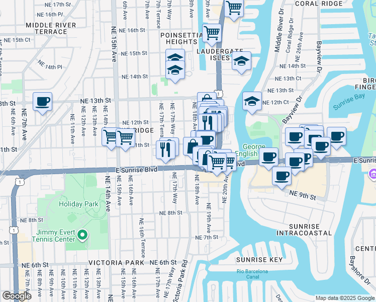 map of restaurants, bars, coffee shops, grocery stores, and more near 1045 Northeast 18th Avenue in Fort Lauderdale