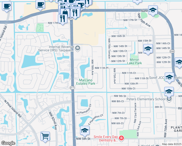 map of restaurants, bars, coffee shops, grocery stores, and more near 7761 Northwest 11th Court in Plantation
