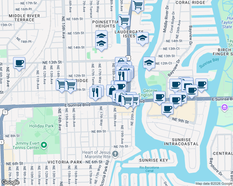 map of restaurants, bars, coffee shops, grocery stores, and more near in Oakland Park