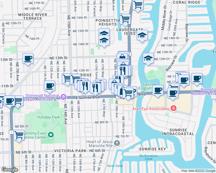 map of restaurants, bars, coffee shops, grocery stores, and more near 406 Northeast 11th Street in Fort Lauderdale