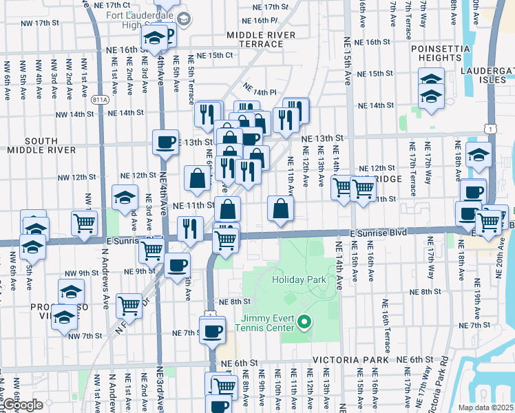 map of restaurants, bars, coffee shops, grocery stores, and more near 1101 Northeast 9th Avenue in Fort Lauderdale