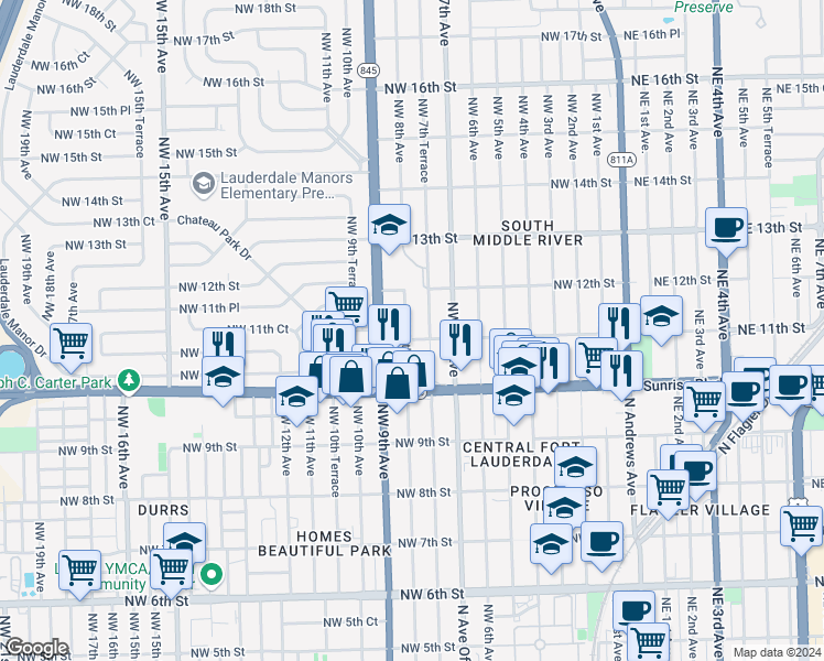 map of restaurants, bars, coffee shops, grocery stores, and more near 1112 Northwest 8th Avenue in Fort Lauderdale