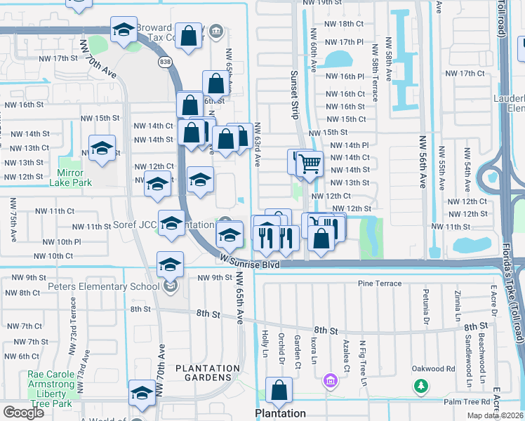 map of restaurants, bars, coffee shops, grocery stores, and more near 6251 Northwest 12th Street in Sunrise