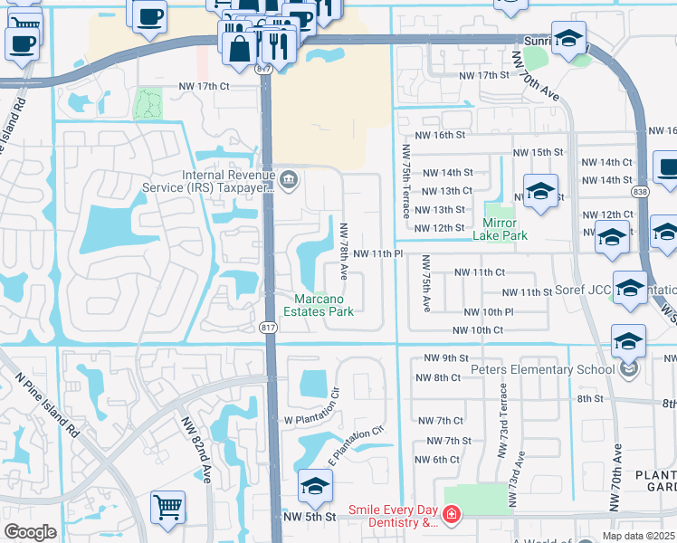 map of restaurants, bars, coffee shops, grocery stores, and more near 7761 Northwest 11th Court in Plantation