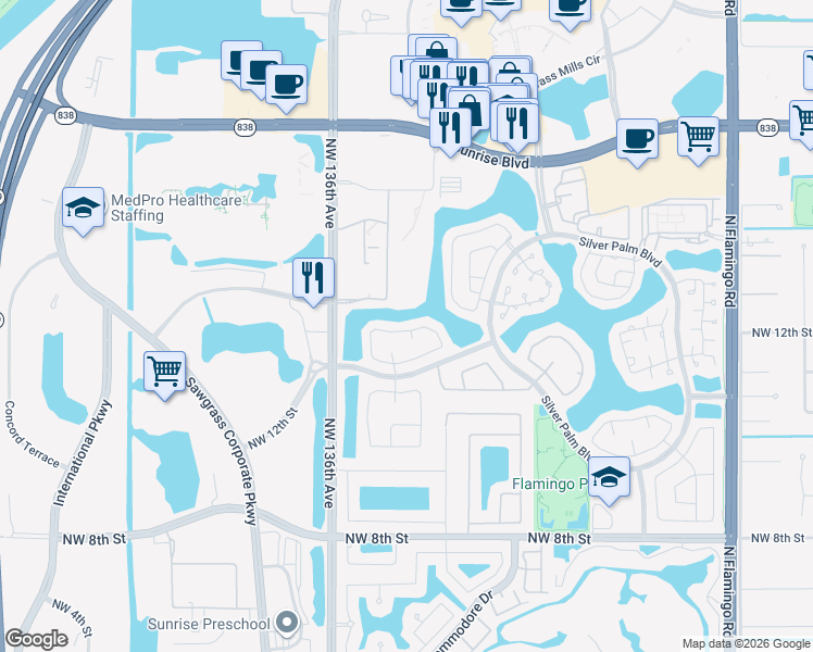 map of restaurants, bars, coffee shops, grocery stores, and more near 13211 Northwest 13th Street in Sunrise