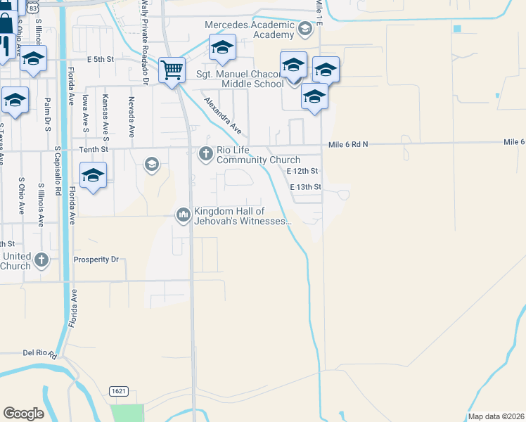 map of restaurants, bars, coffee shops, grocery stores, and more near 966 Closner Boulevard in Mercedes