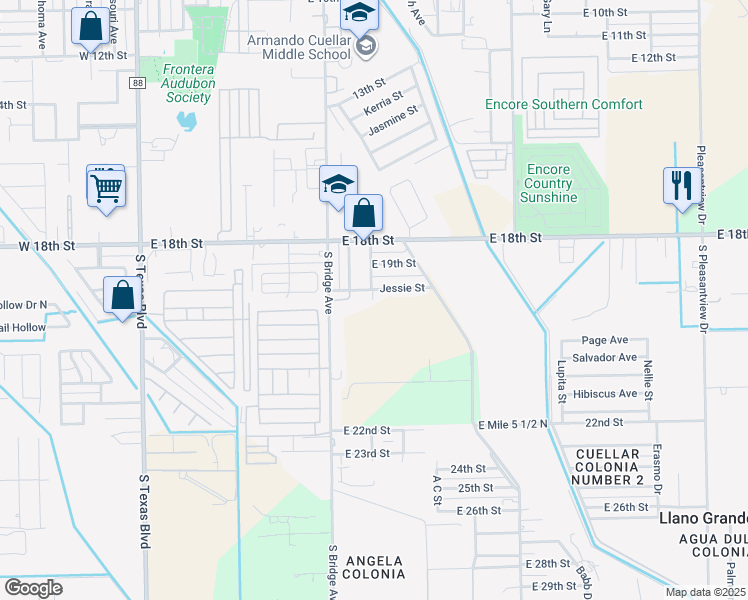 map of restaurants, bars, coffee shops, grocery stores, and more near 1104 Jessie Street in Weslaco