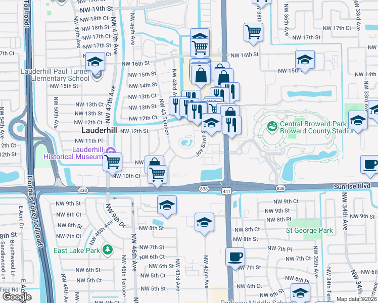 map of restaurants, bars, coffee shops, grocery stores, and more near 1118 Northwest 42nd Way in Lauderhill