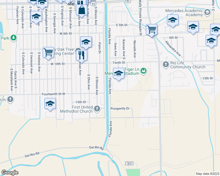 map of restaurants, bars, coffee shops, grocery stores, and more near 1200 Florida Avenue in Mercedes